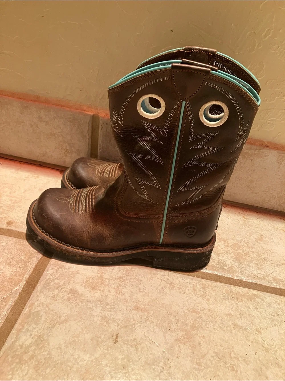 Ariat Kids Brown Leather Pull-On Boots with Turquoise Lining